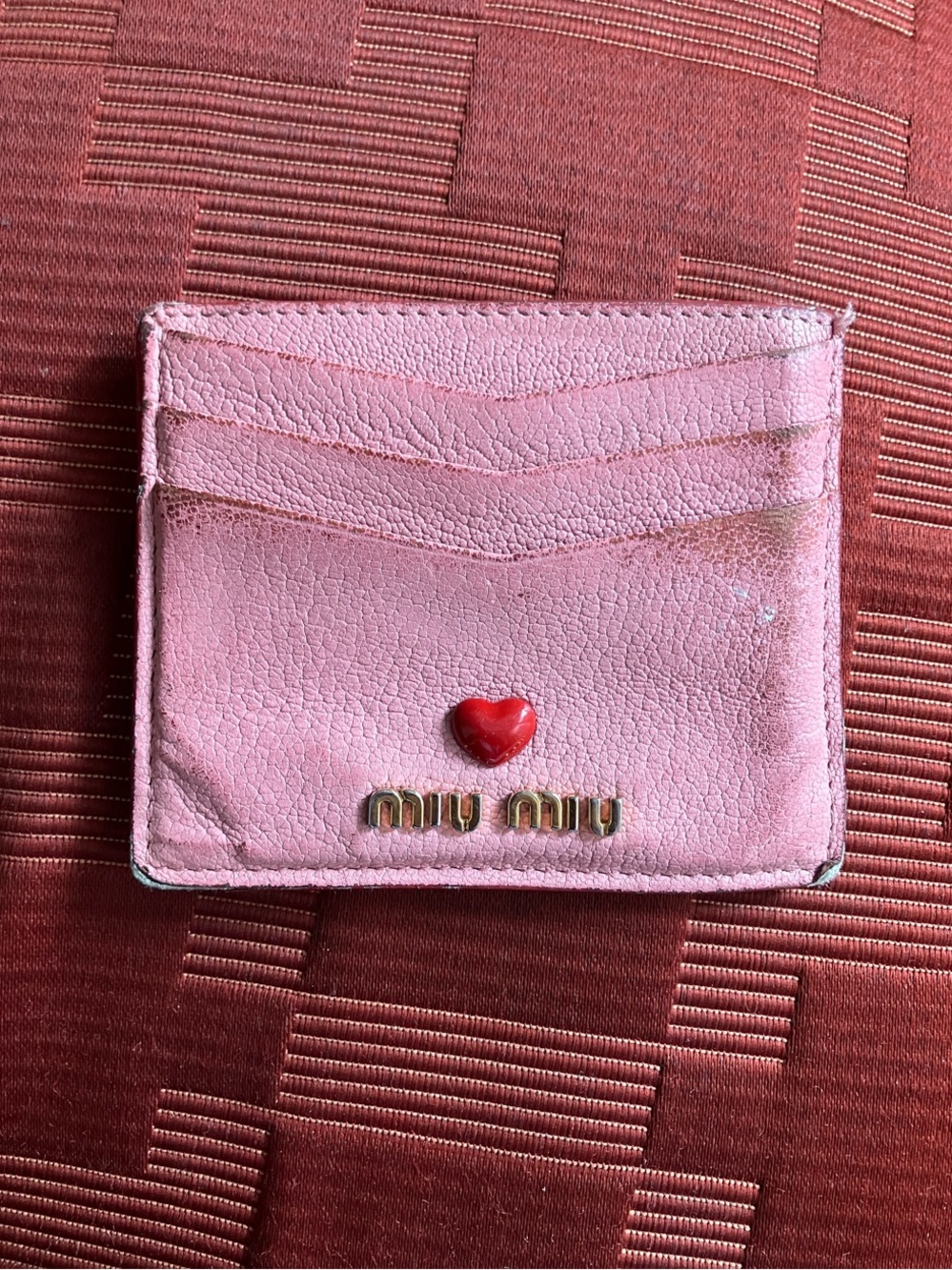 Miu Miu Pink Leather Card Holder and wallet with Red Heart Accent
